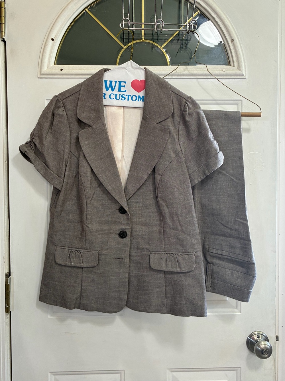 Women’s Gray Short-Sleeve Pantsuit Jacket & Trousers